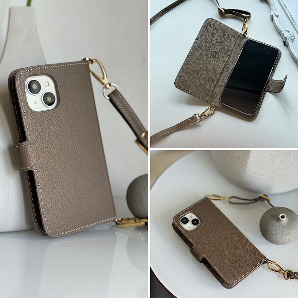 手帳型スマホケース　本革　　カード収納　ショルダー付き　　iphoneケース　レザー　etaupe