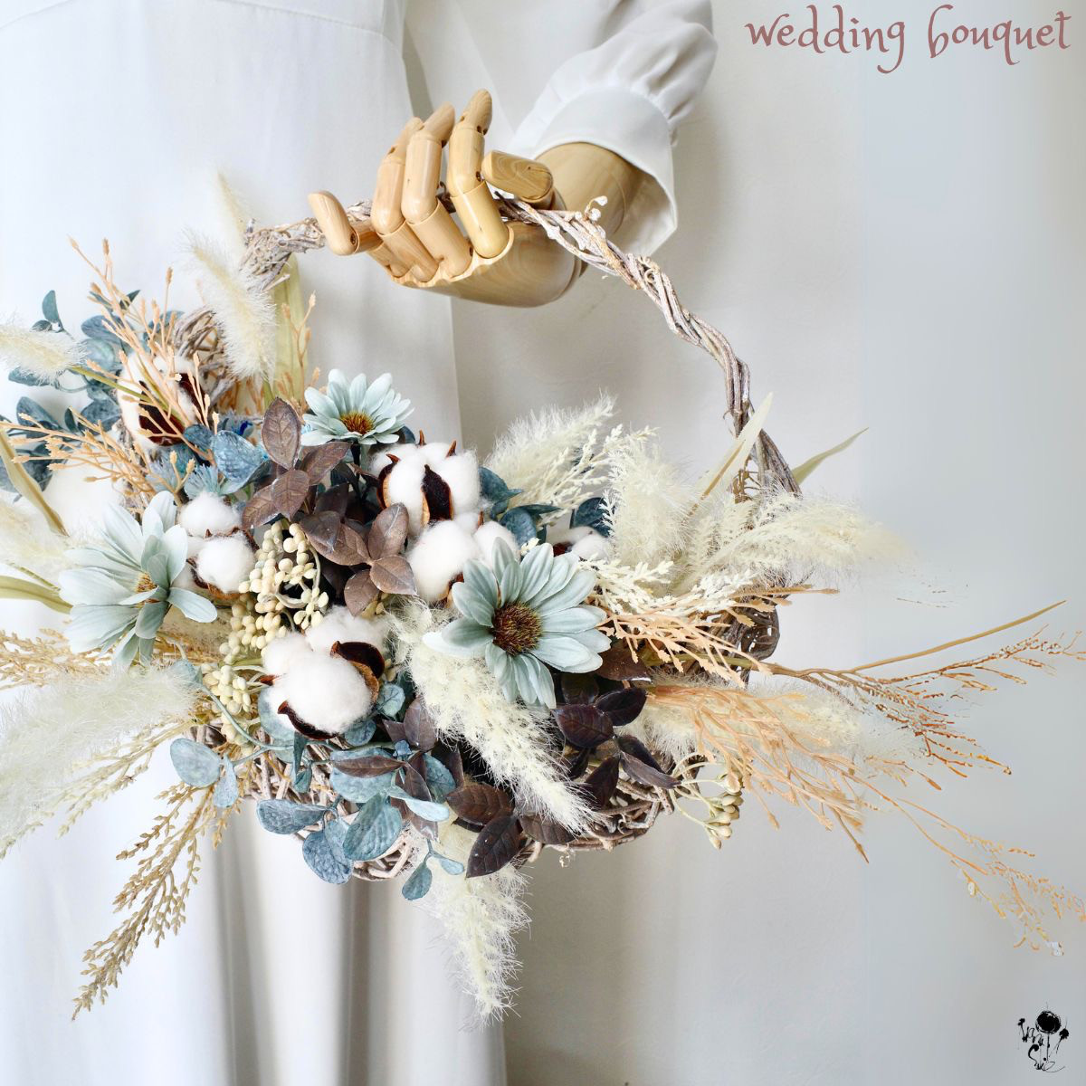 スモーキーカラー バスケットブーケ くすみカラー 造花 ブーケ くすみブルー ベージュ ナチュラル ブートニアセット