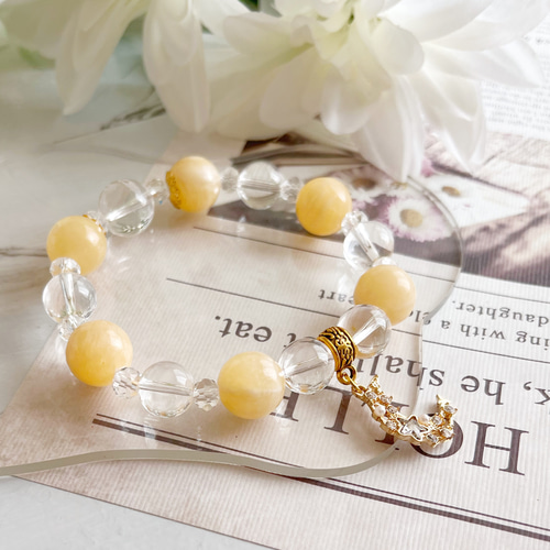 天然石ビーズとチャーム キーホルダーとブレスレット アラゴナイト 水晶 ブレスレット 天然石 レディース 月 チャーム