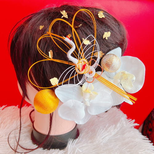 胡蝶蘭☆鶴☆扇子髪飾り☆組紐☆成人式髪飾り☆結婚式☆卒業式髪飾り