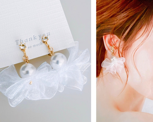 NEW】ふわふわ オーガンジー イヤリング ピアス シフォン りぼん 大粒