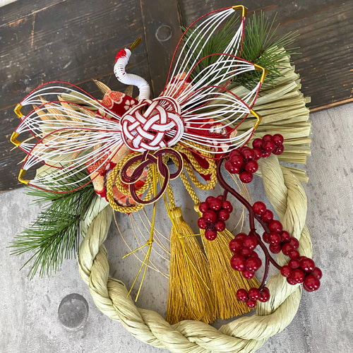 新作♪和モダンお正月飾り 水引鶴 若草 しめ縄・しめ飾り aki 通販