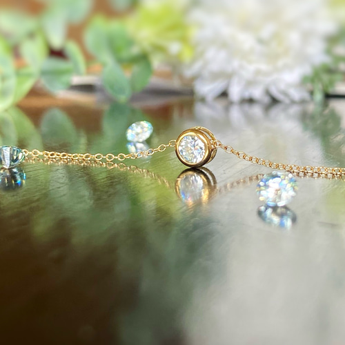 モアサナイト 5mm ベゼルネックレス ブルーグリーン 14kgf/sv925