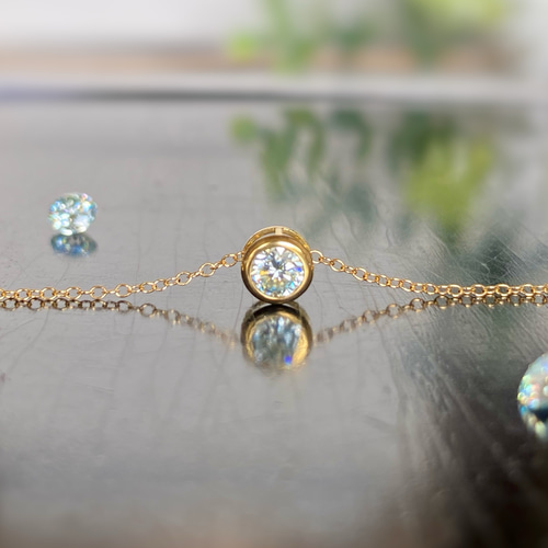 モアサナイト 5mm ベゼルネックレス ブルーグリーン 14kgf/sv925