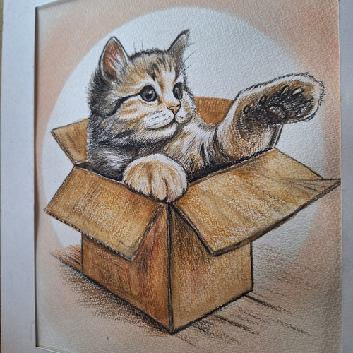 色鉛筆画 A4.仔猫2 色鉛筆画 段ボールの子猫 絵画 makochin 通販 18424948｜Creema
