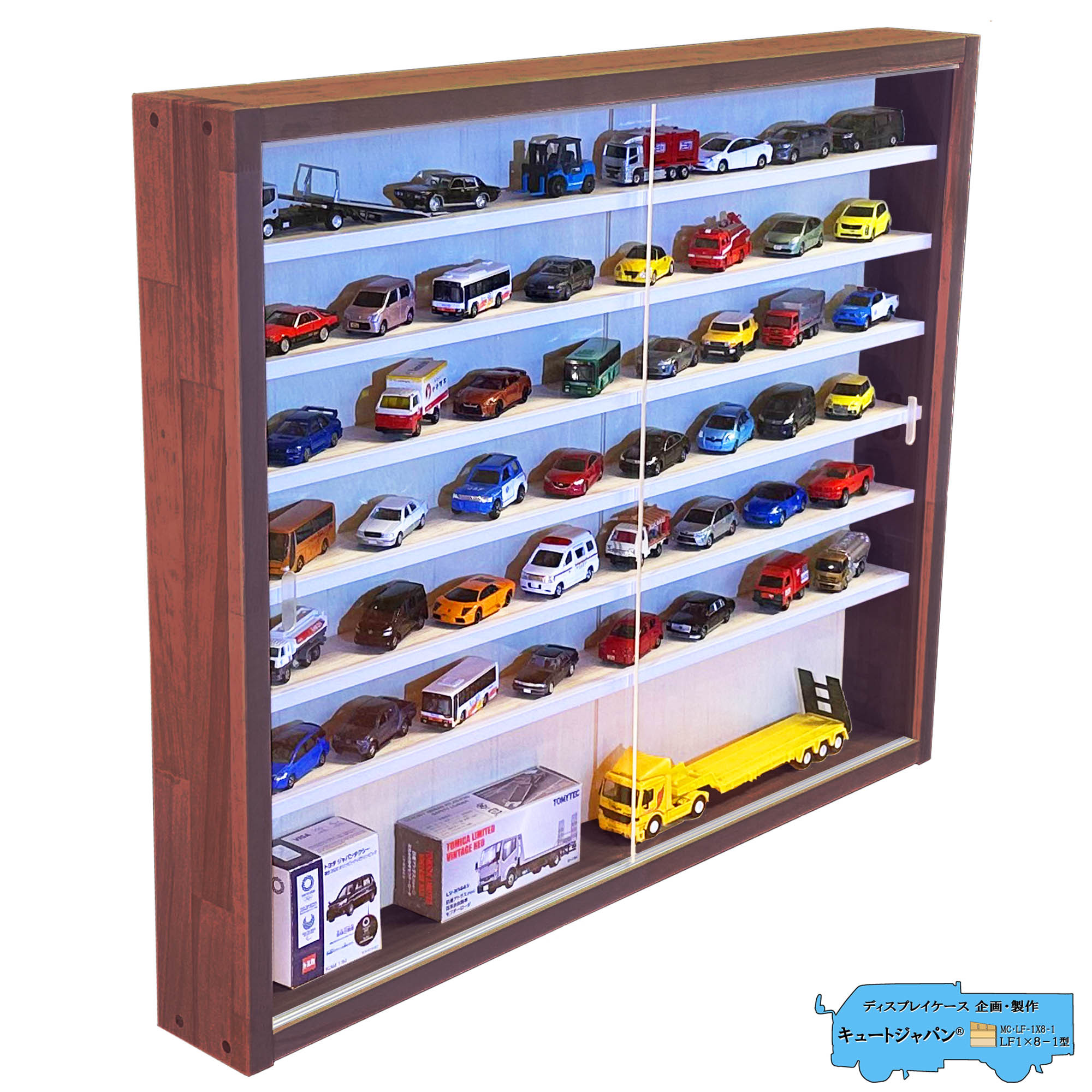 ★値下げ★１×６・１×ワイド ミニカーケース ミニチュア フィギュア コレクション 収納 アクリル障子付 マホガニ色塗装