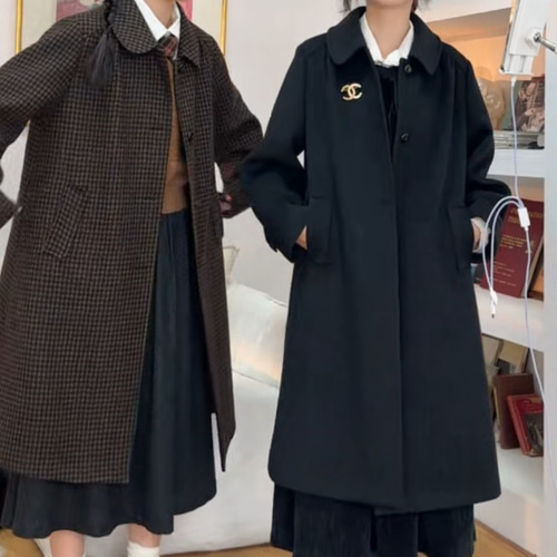 レトロモダンな丸襟 ウールのロングコート【春秋冬】黒系 コート