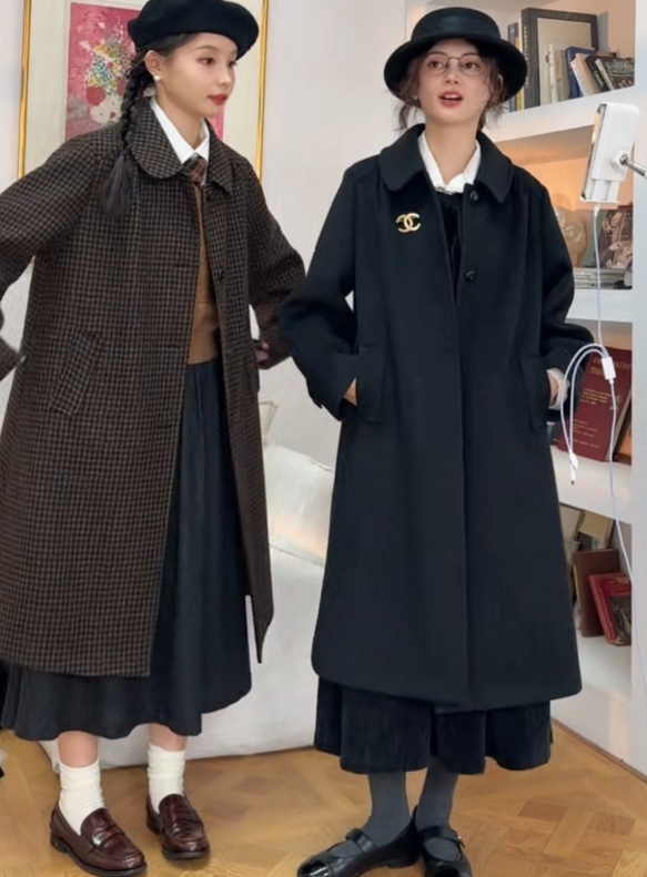 レトロモダンな丸襟　ウールのロングコート【春秋冬】黒系 14枚目の画像