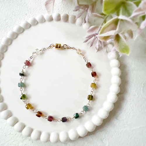 七色に輝く虹色ブレスレット 天然石 トルマリン 10月誕生石 14kgf