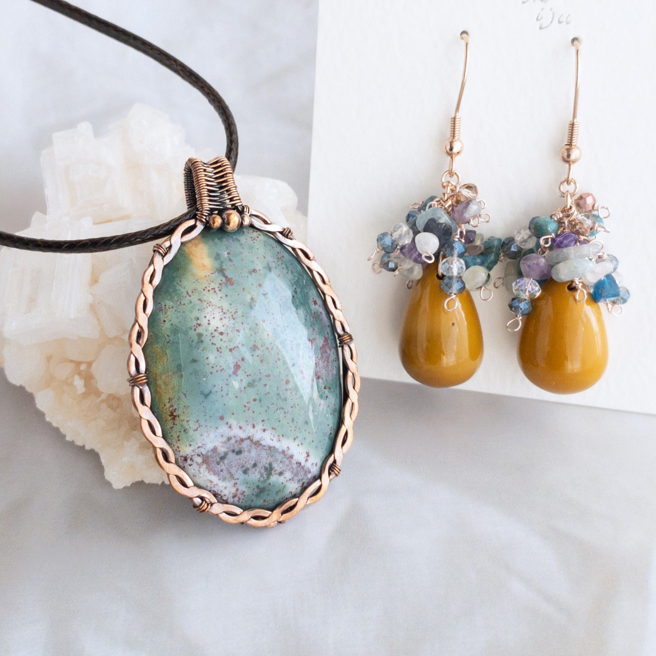 ＜ピクチャージャスパー＞ベゼルセッティング ペンダント《INTRECCIO イントレッチオ》& ピアス セット