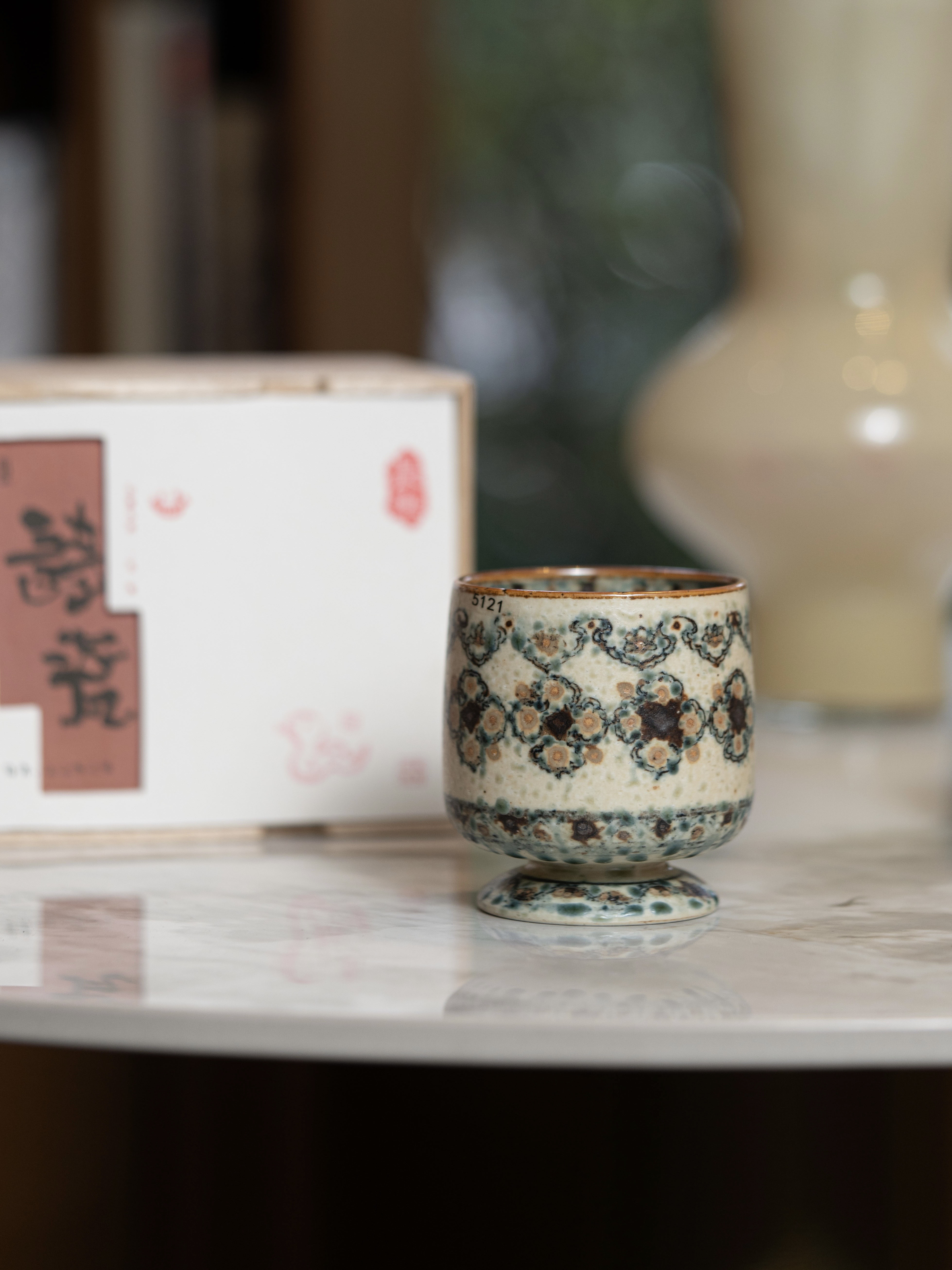 詩瓷集｜柿蔕如意紋高足杯中国風景徳鎮手描き青花磁中古コーヒーラテグラスセラミック220 ml