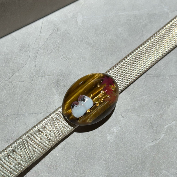 天然石老虎與麻雀 obidome 小馬鉤胸針 第6張的照片