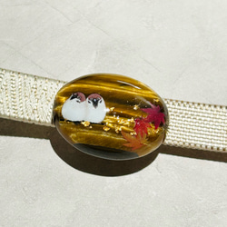 天然石老虎與麻雀 obidome 小馬鉤胸針 第1張的照片