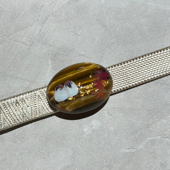 天然石老虎與麻雀 obidome 小馬鉤胸針 第4張的照片