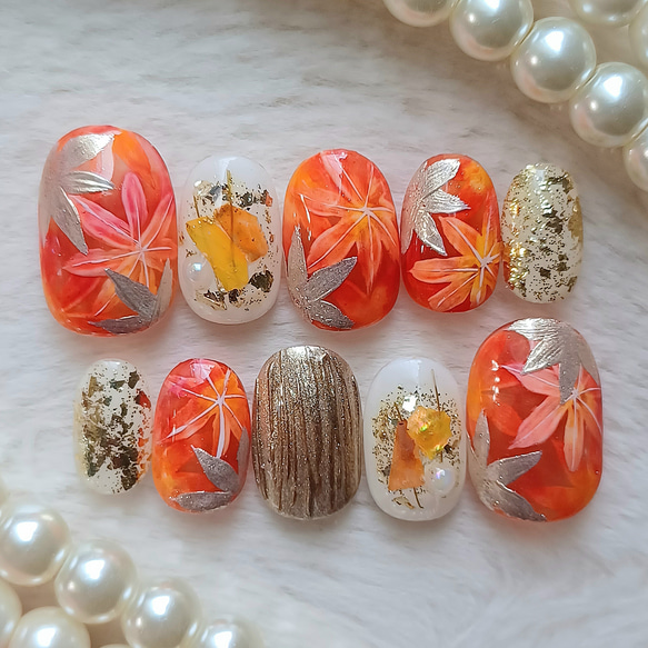 即日発送/フリーサイズ 紅葉 ネイルチップ 現品 No.249 ネイルチップ 