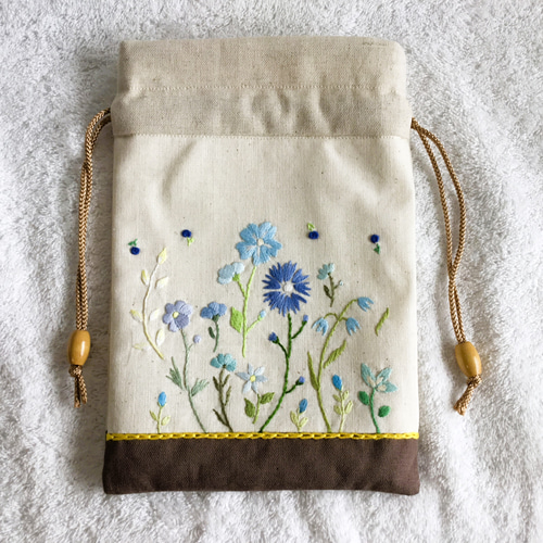 花刺繍の巾着・ライトブラウン 巾着袋 y.chaco 通販 18425741