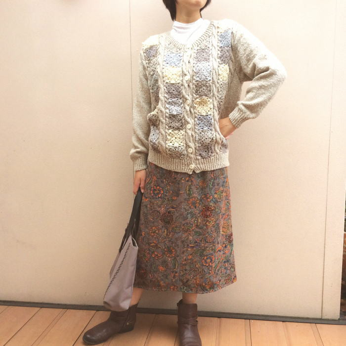 国産糸で編んだ【Ⅼサイズ】モチーフケーブルカーデイガン 長袖 手編み