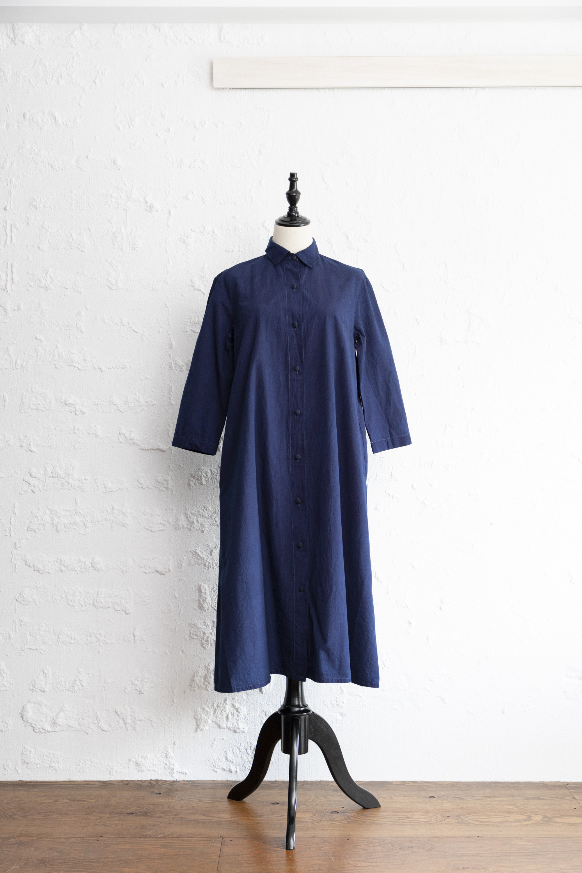 藍染　長袖シャツワンピ　無地