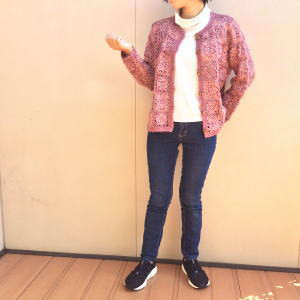 国産糸で編んだ【Ⅼサイズ】モチーフカーデイガン 長袖 手編み