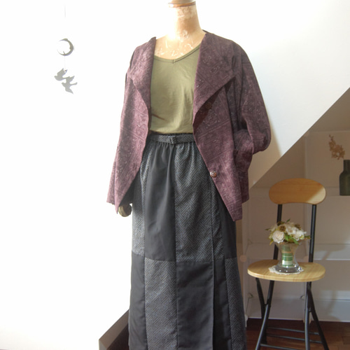 大島紬七マルキ 紗綾形のタックスカート 着物リメイク ロングスカート