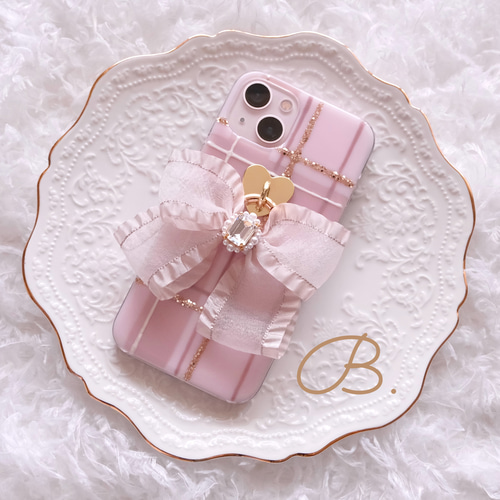 ❁新色❁手描きチェック❁.*・ﾟiPhoneケース（リボンチャーム