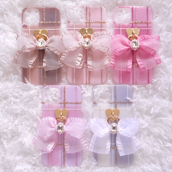 ❁新色❁手描きチェック❁.*・ﾟiPhoneケース（リボンチャーム付き 