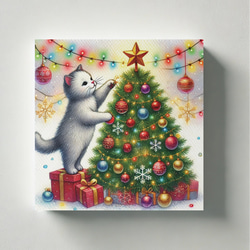 クリスマスツリーの飾りつけをする気のいい白猫ちゃん」 キャンバス