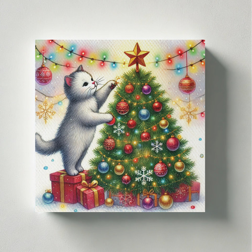 クリスマスツリーの飾りつけをする気のいい白猫ちゃん」 キャンバス