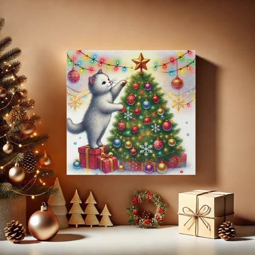 クリスマスツリーの飾りつけをする気のいい白猫ちゃん」 キャンバス