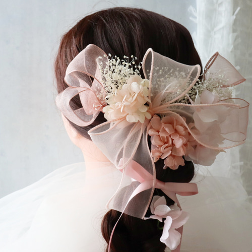 ☆ワイヤー入り オーガンジーリボンのオレンジ系 花カチューシャ