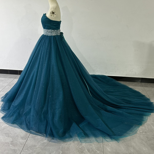 ウエストビジュー✖️ブルーラメグリッターロングドレスM 高品質！送料無料！ベアトップ ブルーグリーンカラードレス