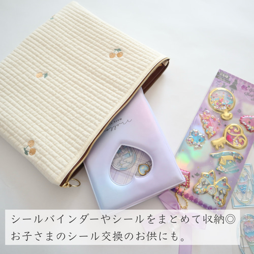 ポーチ　ヌビポーチ　フラットポーチ　刺繍ヌビ　韓国生地 刺繍入りヌビの大きめフラットポーチ｜母子手帳 お薬手帳 シール帳