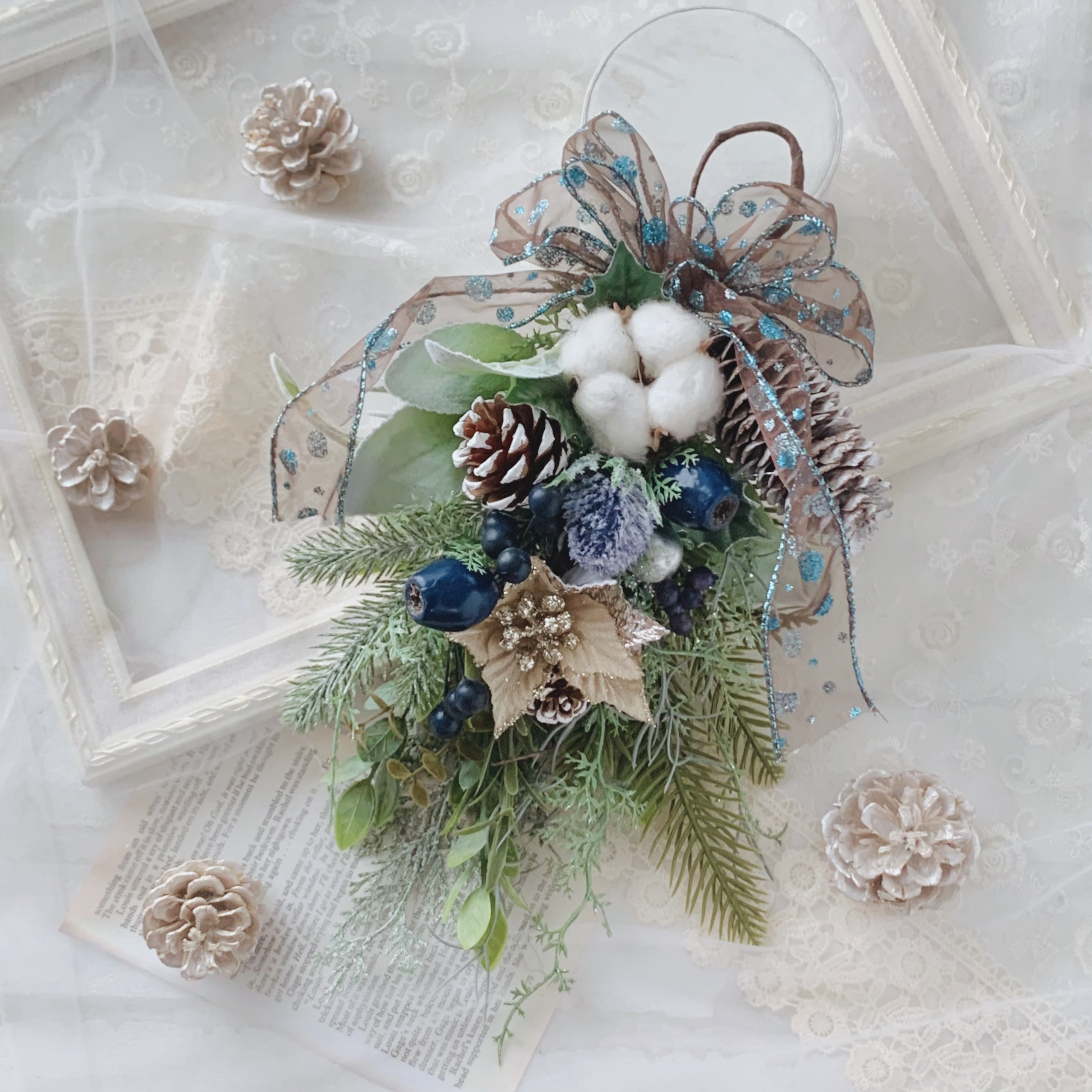 北欧　クリスマス　ナチュラル　スワッグ　リース　壁飾り　ポインセチア　コットンフラワー　造花　クリスマス2025