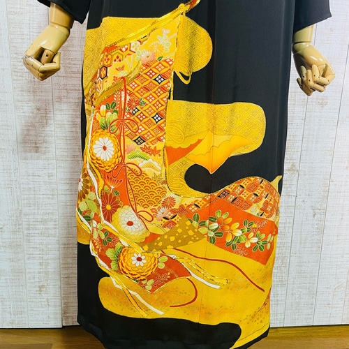 道長取りに短冊刺繍正絹黒留袖ワンピースM～L＆ギャザーストール 