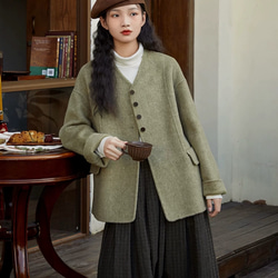 2色 上質ウール100%　Vネックのコート　ポケット付き【冬春秋】レッド/グリーン/ベージュ 4枚目の画像