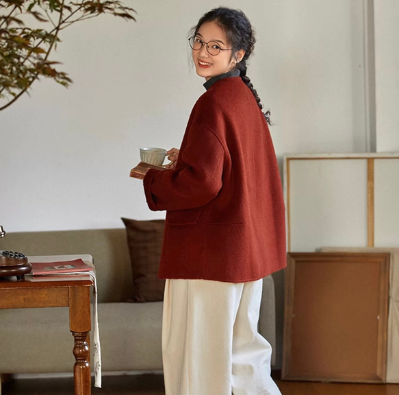 2色 上質ウール100%　Vネックのコート　ポケット付き【冬春秋】レッド/グリーン/ベージュ 6枚目の画像