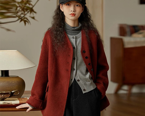 2色 上質ウール100% Vネックのコート ポケット付き【冬春秋】レッド