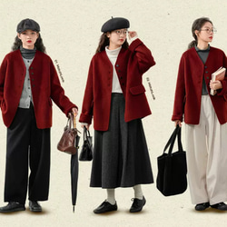 2色 上質ウール100%　Vネックのコート　ポケット付き【冬春秋】レッド/グリーン/ベージュ 9枚目の画像