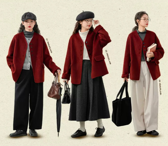 2色 上質ウール100%　Vネックのコート　ポケット付き【冬春秋】レッド/グリーン/ベージュ 9枚目の画像