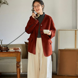 2色 上質ウール100%　Vネックのコート　ポケット付き【冬春秋】レッド/グリーン/ベージュ 7枚目の画像