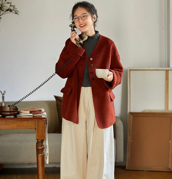 2色 上質ウール100%　Vネックのコート　ポケット付き【冬春秋】レッド/グリーン/ベージュ 7枚目の画像