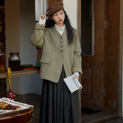 2色 上質ウール100%　Vネックのコート　ポケット付き【冬春秋】レッド/グリーン/ベージュ 5枚目の画像