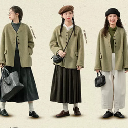 2色 上質ウール100%　Vネックのコート　ポケット付き【冬春秋】レッド/グリーン/ベージュ 8枚目の画像