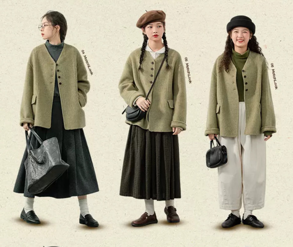 2色 上質ウール100%　Vネックのコート　ポケット付き【冬春秋】レッド/グリーン/ベージュ 8枚目の画像