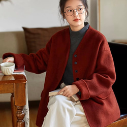 2色 上質ウール100%　Vネックのコート　ポケット付き【冬春秋】レッド/グリーン/ベージュ 3枚目の画像