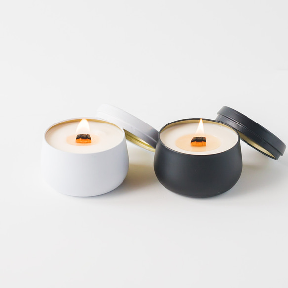 ぽってり缶の木芯アロマキャンドル ブラック 灯りを奏でるキャンドル ソイワックス100%使用 焚火 10枚目の画像
