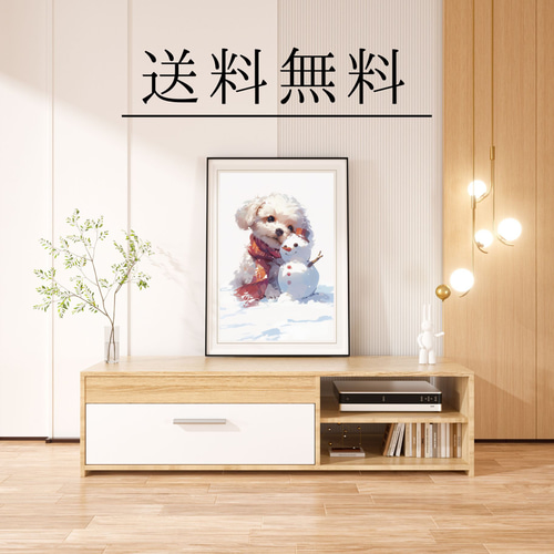 絵画。原画手描き【雪が降る冬、かわいい犬と猫の楽しい写真記念】