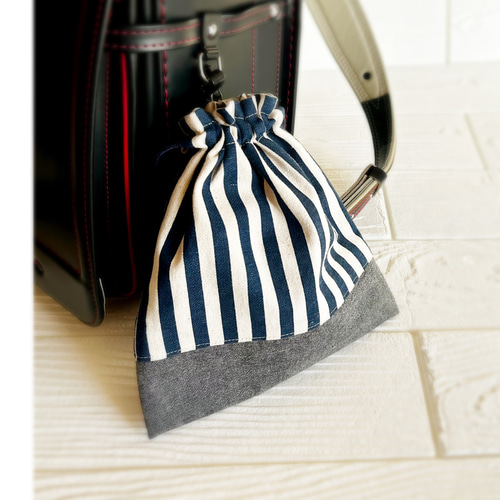 給食セット 巾着&ランチョンマット ストライプ＊グレー＊両紐5（裏地  