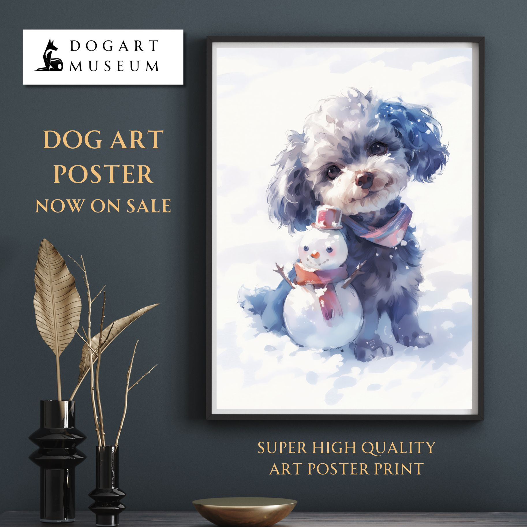 絵画。原画手描き【雪が降る冬、かわいい犬と猫の楽しい写真記念】