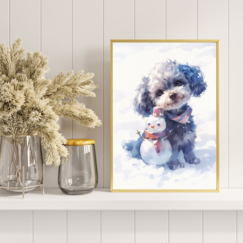絵画。原画手描き【雪が降る冬、かわいい犬と猫の楽しい写真記念】 ワンピなど最旬ア！ 絵画。原画手描き【雪が降る冬、かわいい犬